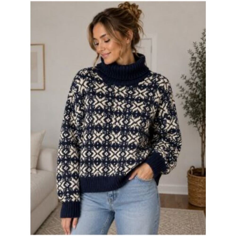 Zara Jacquard Wool Turtleneck Sweater Geometric Snowflake Size XL Knit Oversized